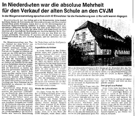 Zeitungsbericht HA zum Verkauf der alten Schule an den CVJM in 1979