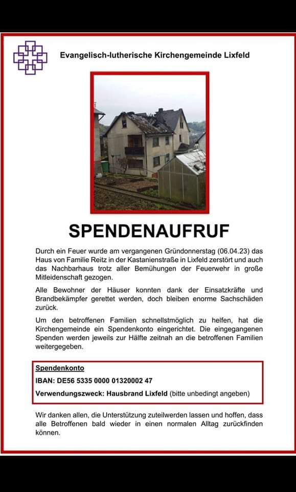 Spendenaufruf nach Wohnhausbrand in Lixfeld